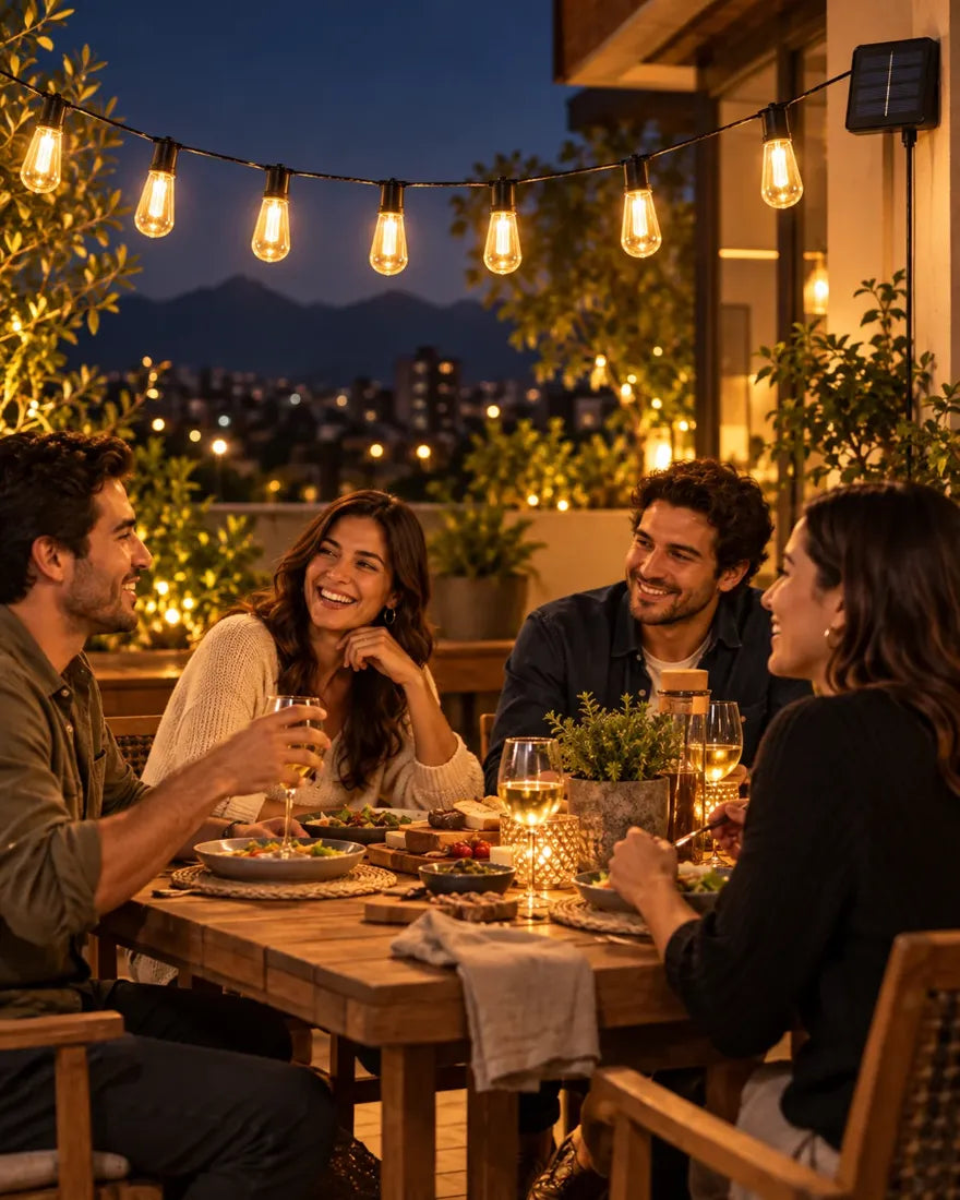 Guirnalda solar iluminando una cena en la terraza
