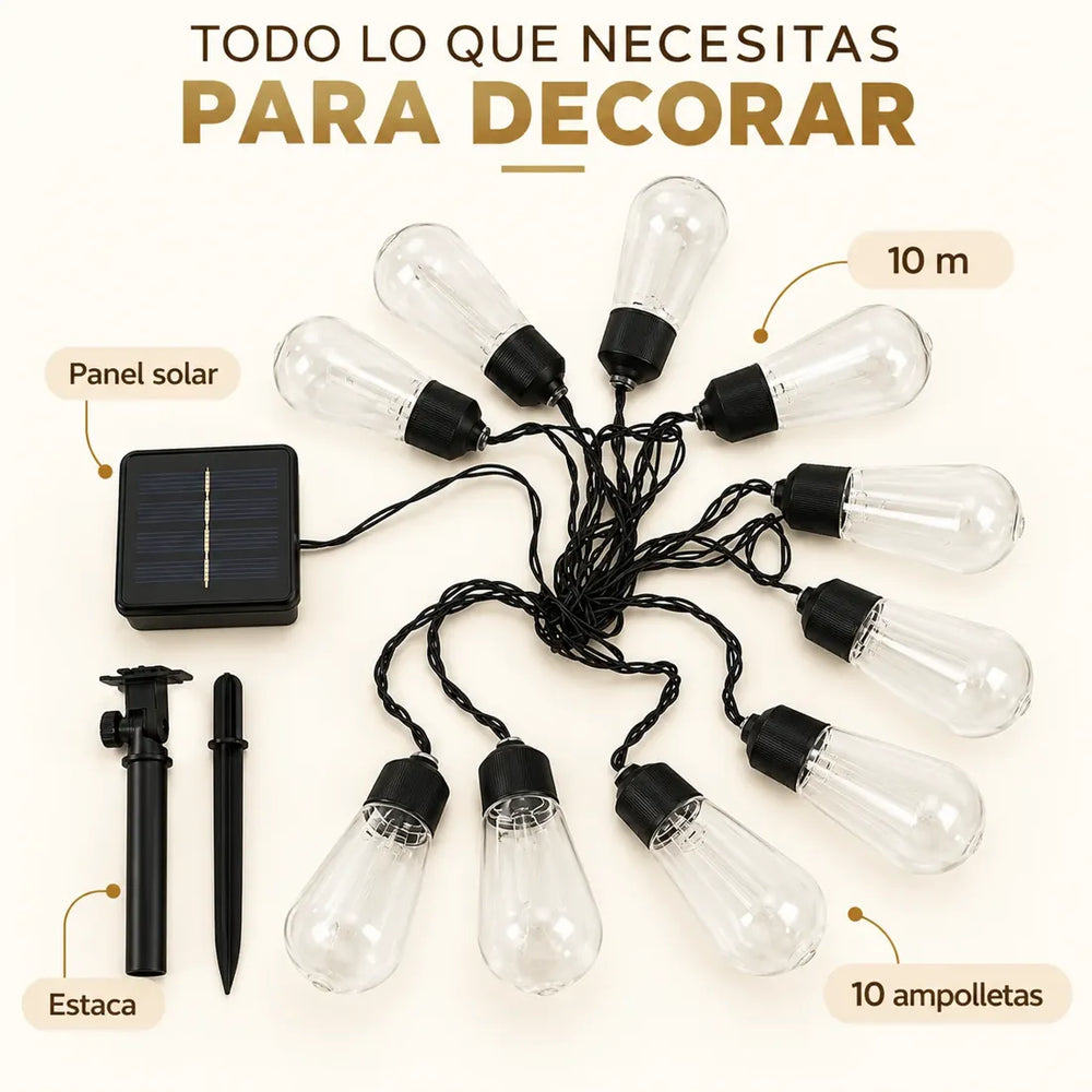 Contenido de la caja: guirnalda, ampolletas, panel solar y estaca